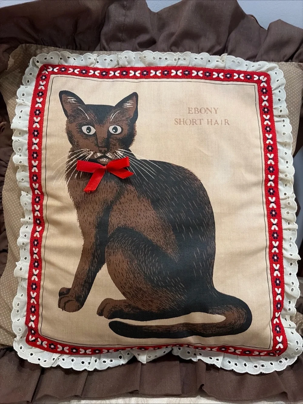 Vintage Cross Stitch Cat Pillow Brown Print 14x14 GrannyCore Cottage Kitty throw